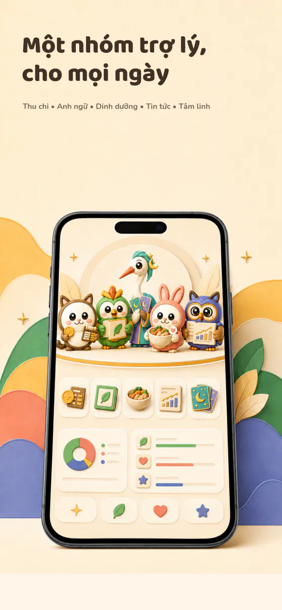 Bốn trợ lý AI trên màn hình chính của app Nhóm trợ lý AI