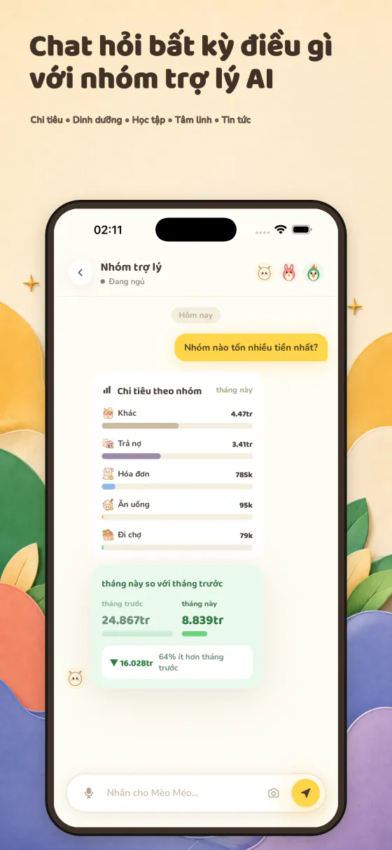 Hỏi trợ lý về chi tiêu, nhận lại biểu đồ theo nhóm